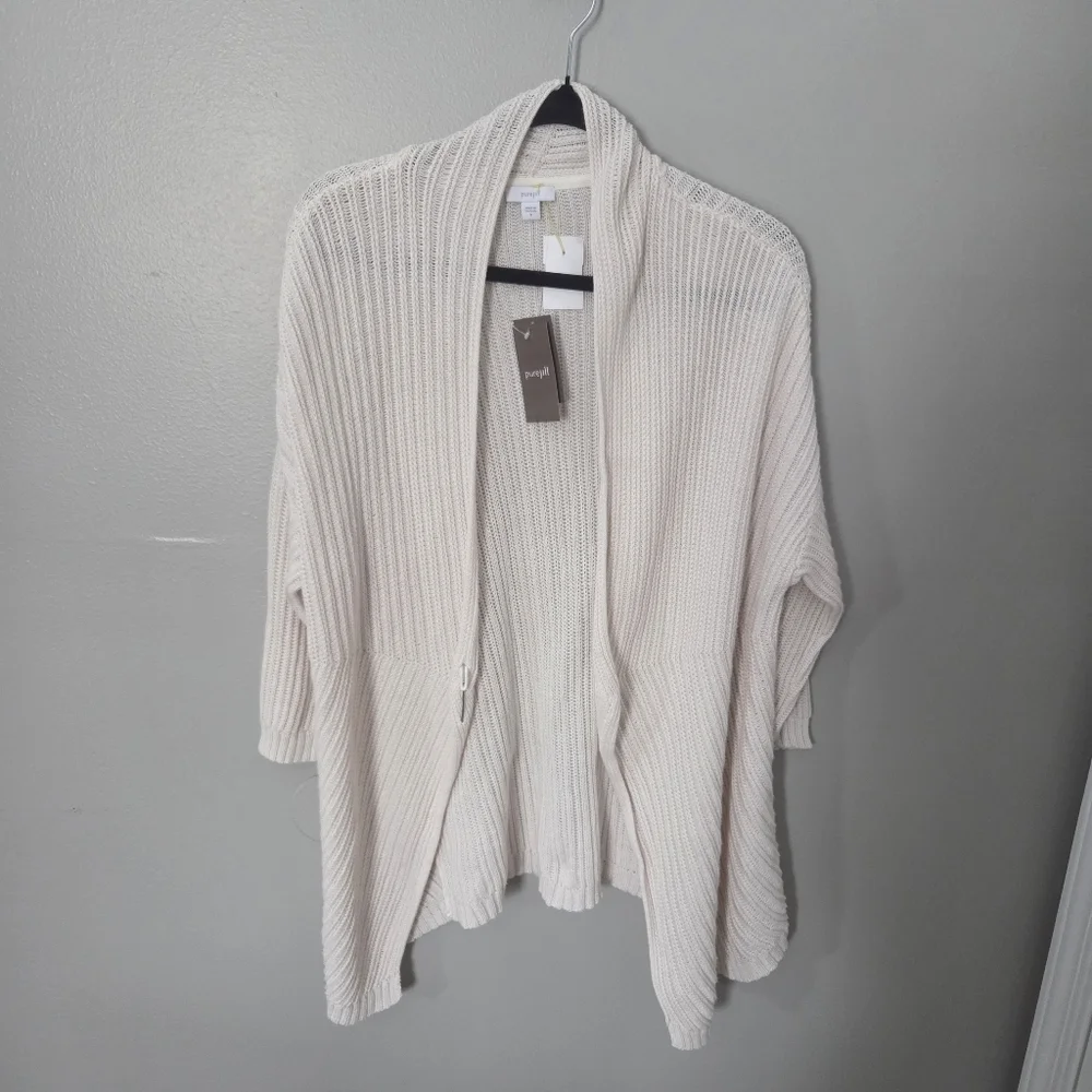 Pure Jill Women's Tan Relaxed Open Knit Cardigan Sweater Sz M Lagenlook Office - Picture 3 of 8
